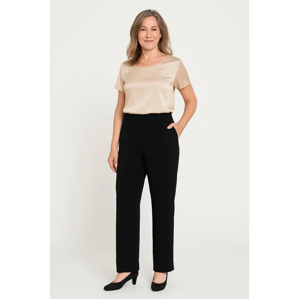 Eileen Fisher 100% Silk‎ Crepe Wide Leg Pants Large Petite Black Pull On Flowy